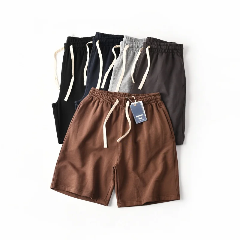 Summer New American Retro Knitted Solid Color Shorts Men's Fashion Loose Elastic Wasit Drawstring Sport Casual 5-point Pants