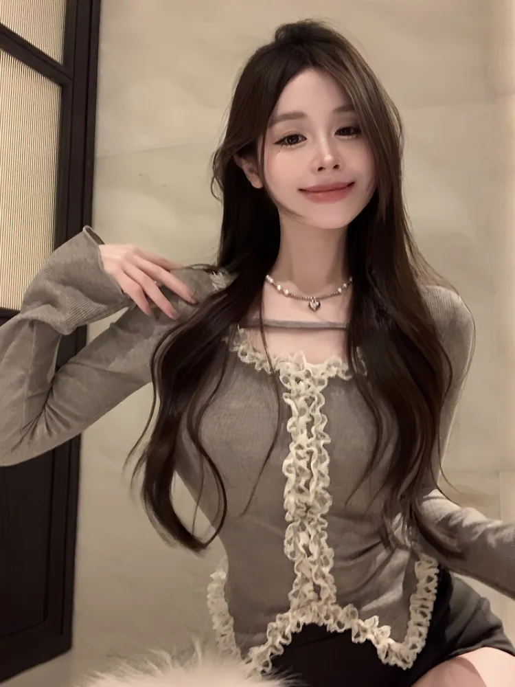 

Pure Desire Lace Splice Long Sleeve Square Collar Base Shirt Women's Fashion Age Reduction Slimming Personality Top Autumn