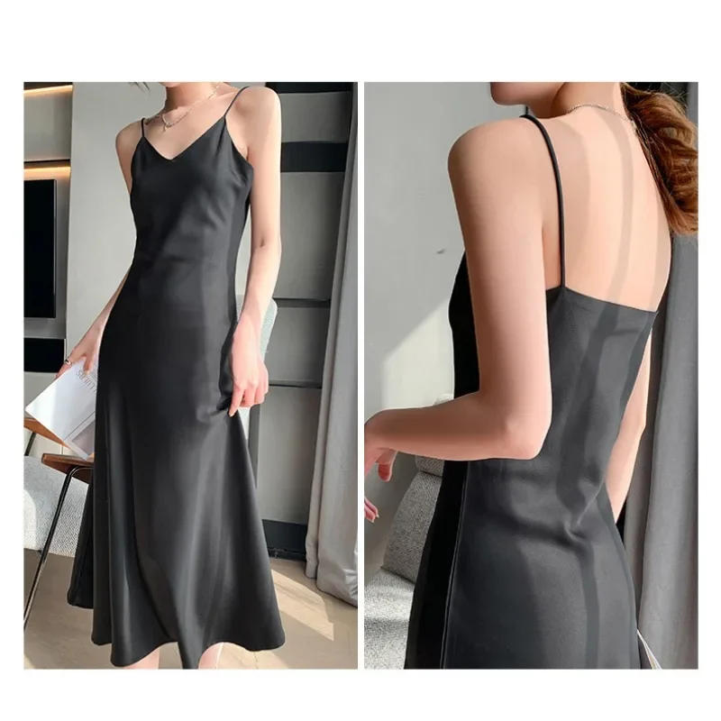 2024 Spring Summer New Halter Dress French Satin Acetate Sex Y Women\'s Mid-length with A Solid Color Base Skirt