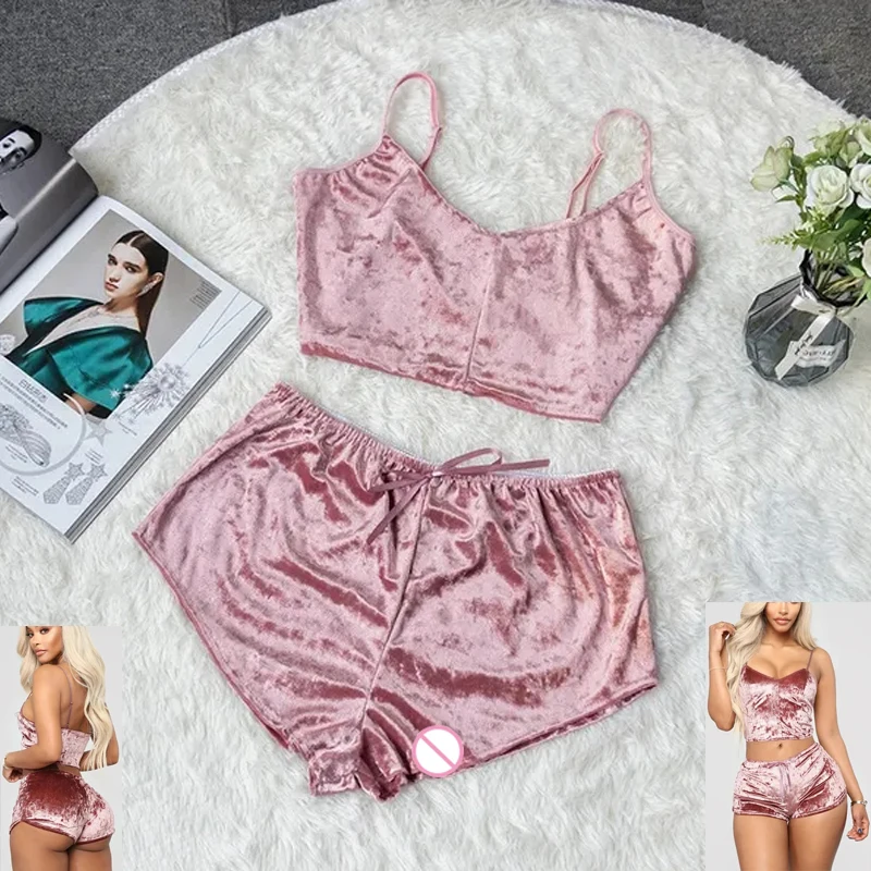 Frauen Samt 2 Stück Outfit Spaghetti Strap Ärmel Crop Top + Shorts Set