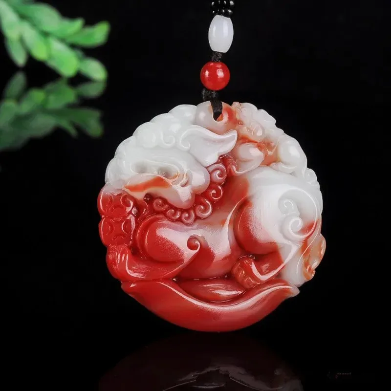 Natural Chicken Red Hand Carved Pixiu Jade Pendant, Fashionable Boutique Jewelry, Men's and Women's Divine Beast Necklace