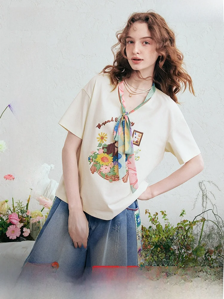 

Spring 2026 New Sle Women's T-irt Salt V-ne Printed ort Sve Casual Loose Fit Cotton Ciwalk Artistic Leisure