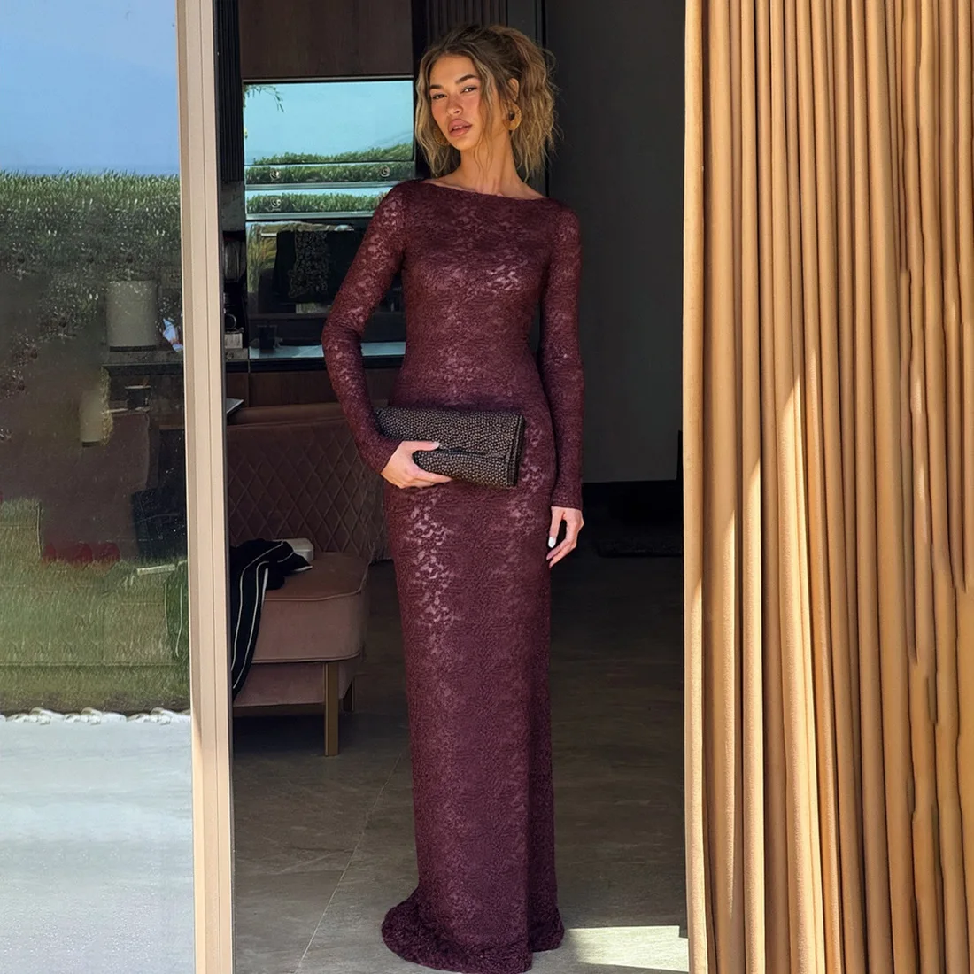 

Burgundy Lace Women's Prom Dress Sexy Sheer Elegant Full Sleeves Formal Casual Beach Holiday Sheath Slim Long Party Gown Robe