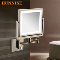 Magnifying Bathroom Mirror Hunnise Quality Brass Gold Home Hotel Bathroom Makeup Mirrors Wall Mounted LED Folding Makeup Mirrors