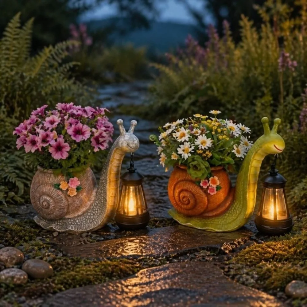 Resin Snail Statue Planter Sun Proof Decorative Snail Holding Solar Lantern with Warm LED Light Eco Plant Pot