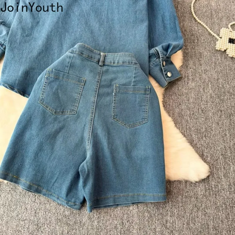 Two Piece Set Women Clothes Long Sleeve Oversized Shirt High Waist Vintage Casual Shorts Elegant Suits Fashion Denim Y2k Outfits