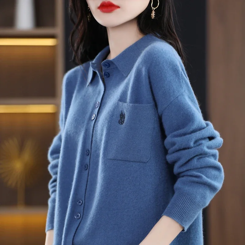 Women 100% Wool Cardigan Polo Collar Embroidery Fashion Colors Knitted Loose Shirt Sweaters Solid Pure Merino Spring Autumn New