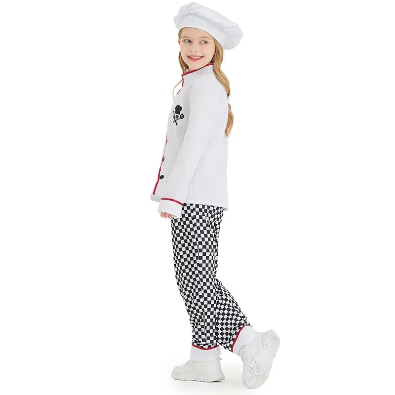 

Kids Chef Costume 3pcs Children Baker Cooking Uniform Party Outfit Cosplay Costumes White Hat Top Plaid Pants Work Clothes