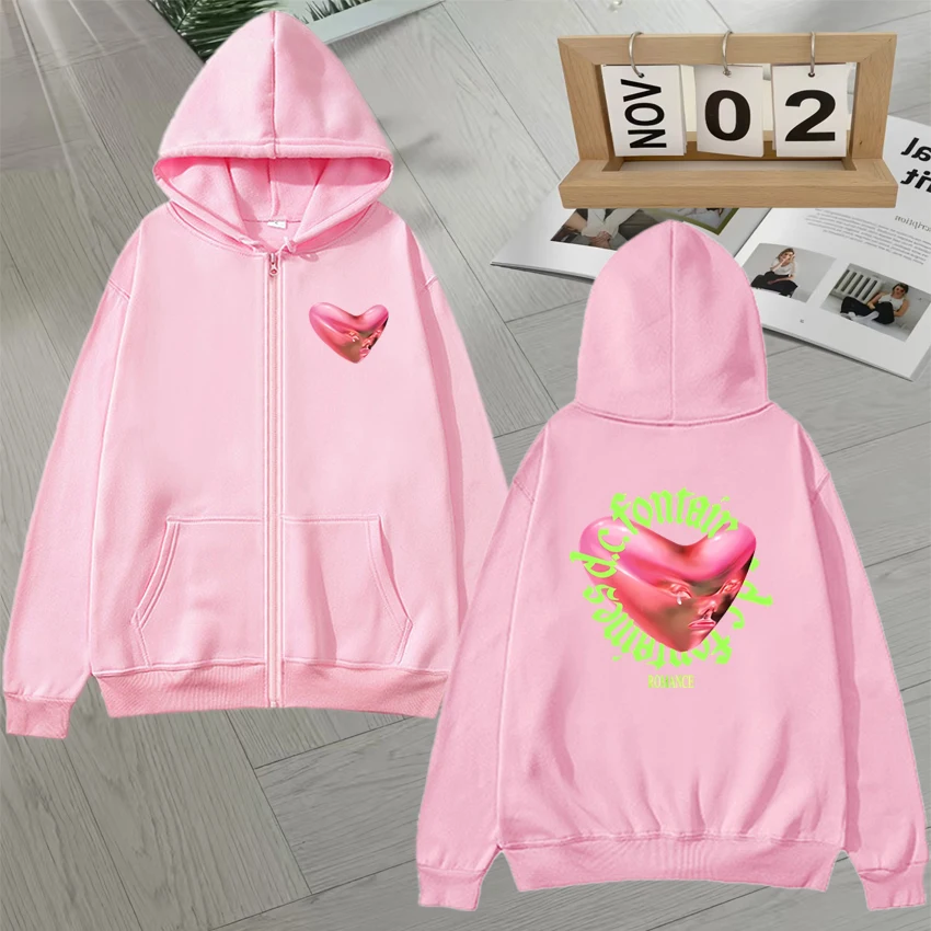 Fontaines DC Romance Dupla Face Impresso Zip Up Moletons Homens Mulheres Lã Manga Longa Solta Zíper Hoodies Unissex Outerwear