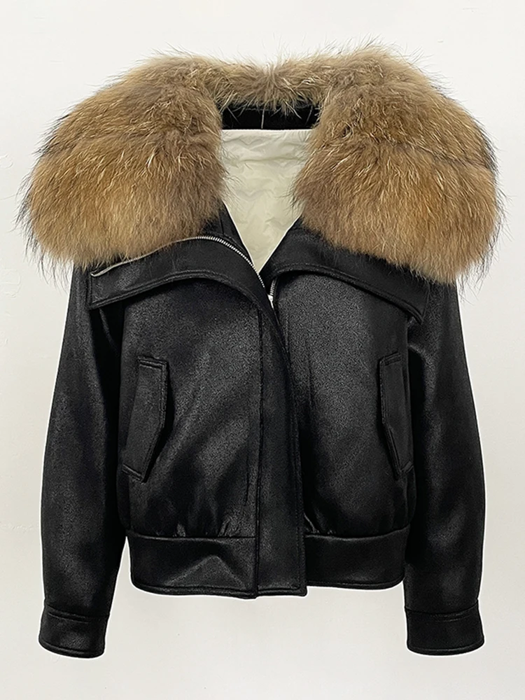 2025 Women Fashion Short Down Coat Big Real Fox Fur Collar Lady Warm Suede Fur Puffer Jacket New Winter Clothing Female