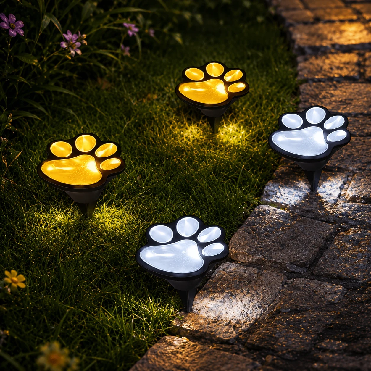 4pcs Solar Animal Paw Print Lights, LED Cat Paw Garden Lamps for Outdoor Lawn Pathway Yard Patio Christmas Holiday Decor