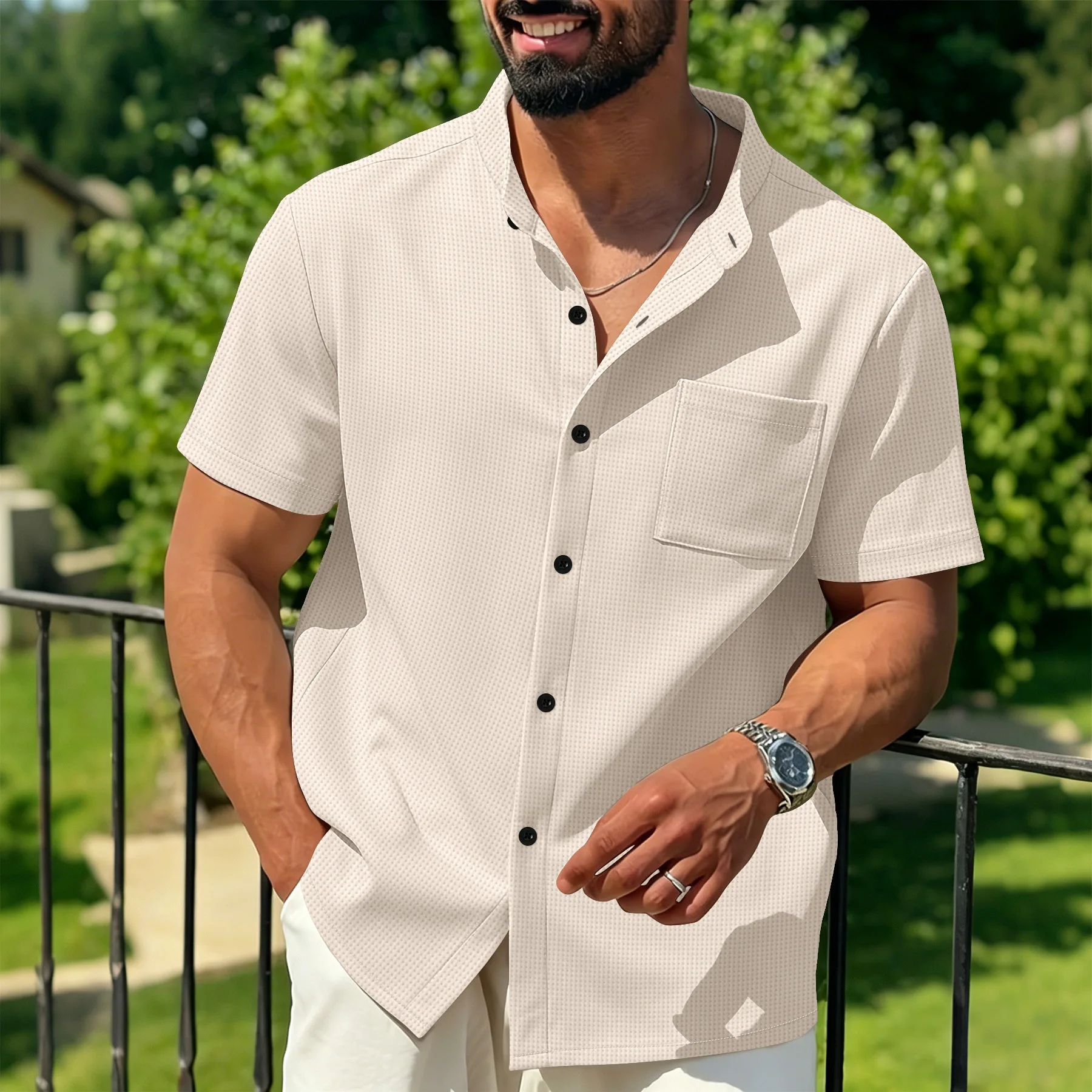 Summer New Pure Color Waffle Texture Stand Collar Pocket Open Cardigan Casual Short Sleeve Shirt