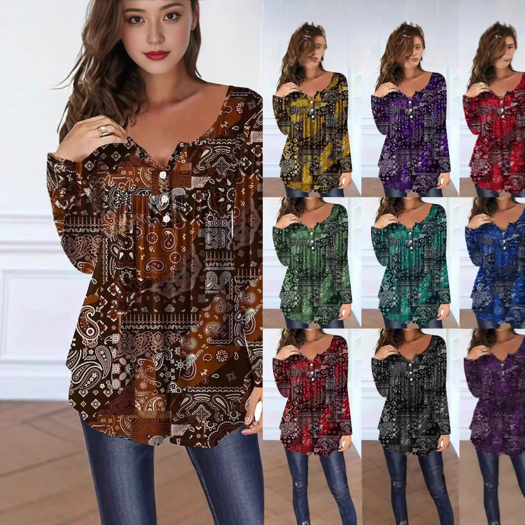 

Y2K autumn fashion women's elegant shirt casual loose button V-neck long-sleeved shirt temperament printed top