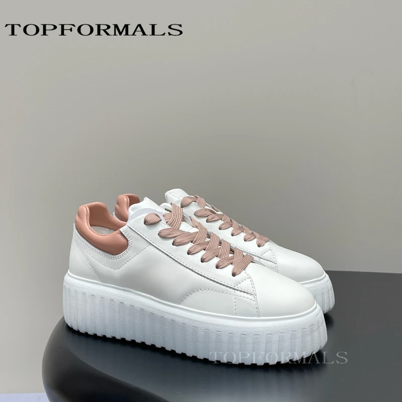 Zapatos de piel auténtica con suela gruesa para mujer, calzado informal con plataforma y aumento de altura, color blanco, a la moda