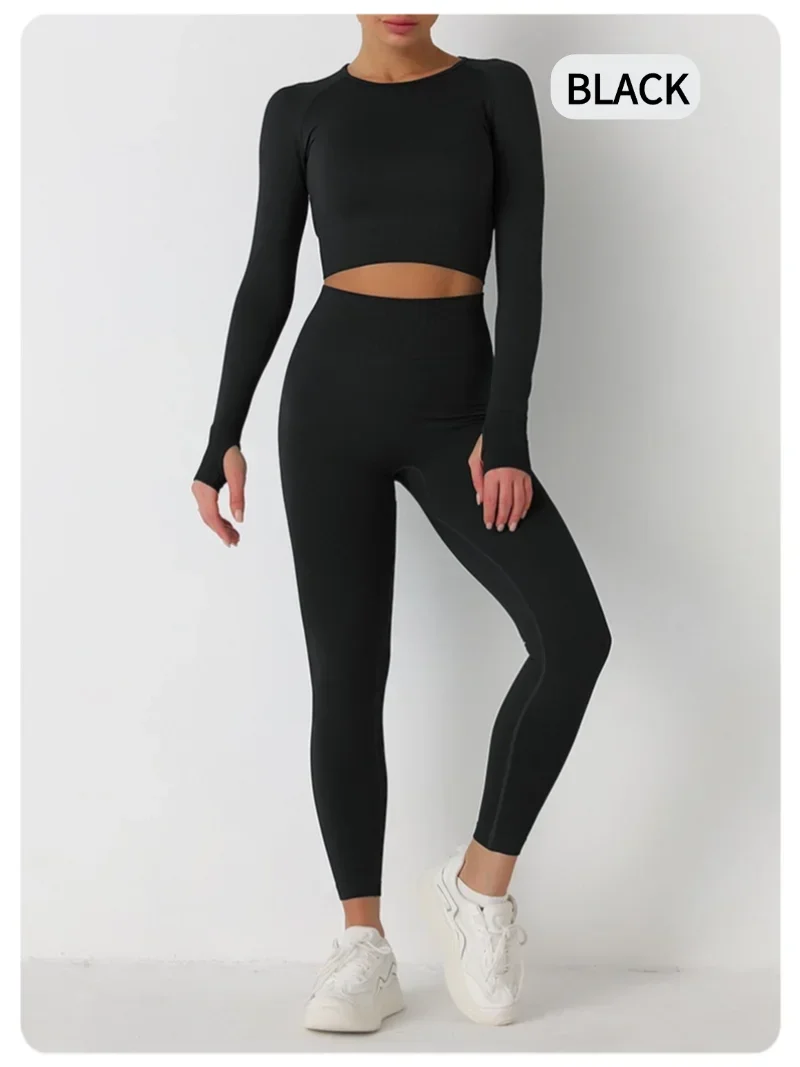 Conjunto de traje de Yoga de manga larga y cintura alta ajustado sin costuras para mujer para otoño e invierno, conjunto de traje deportivo y de Fitness