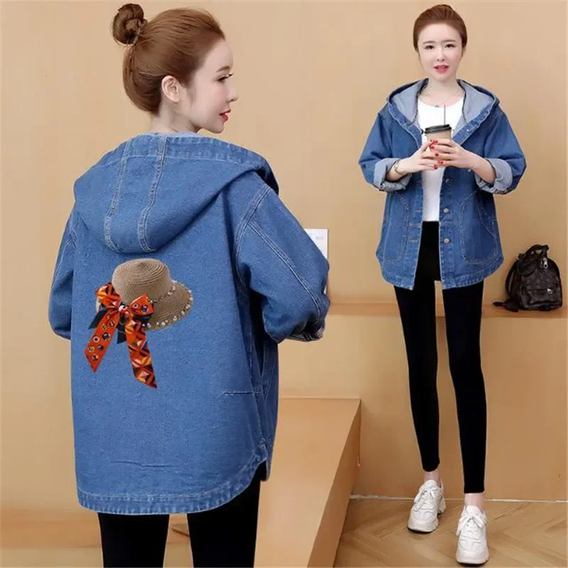 Oversized Denim Jacket Women\'s Hooded Coat Spring Autumn Loose Female Back Printed Jeans Jacket Plus size Casual Student Outwear