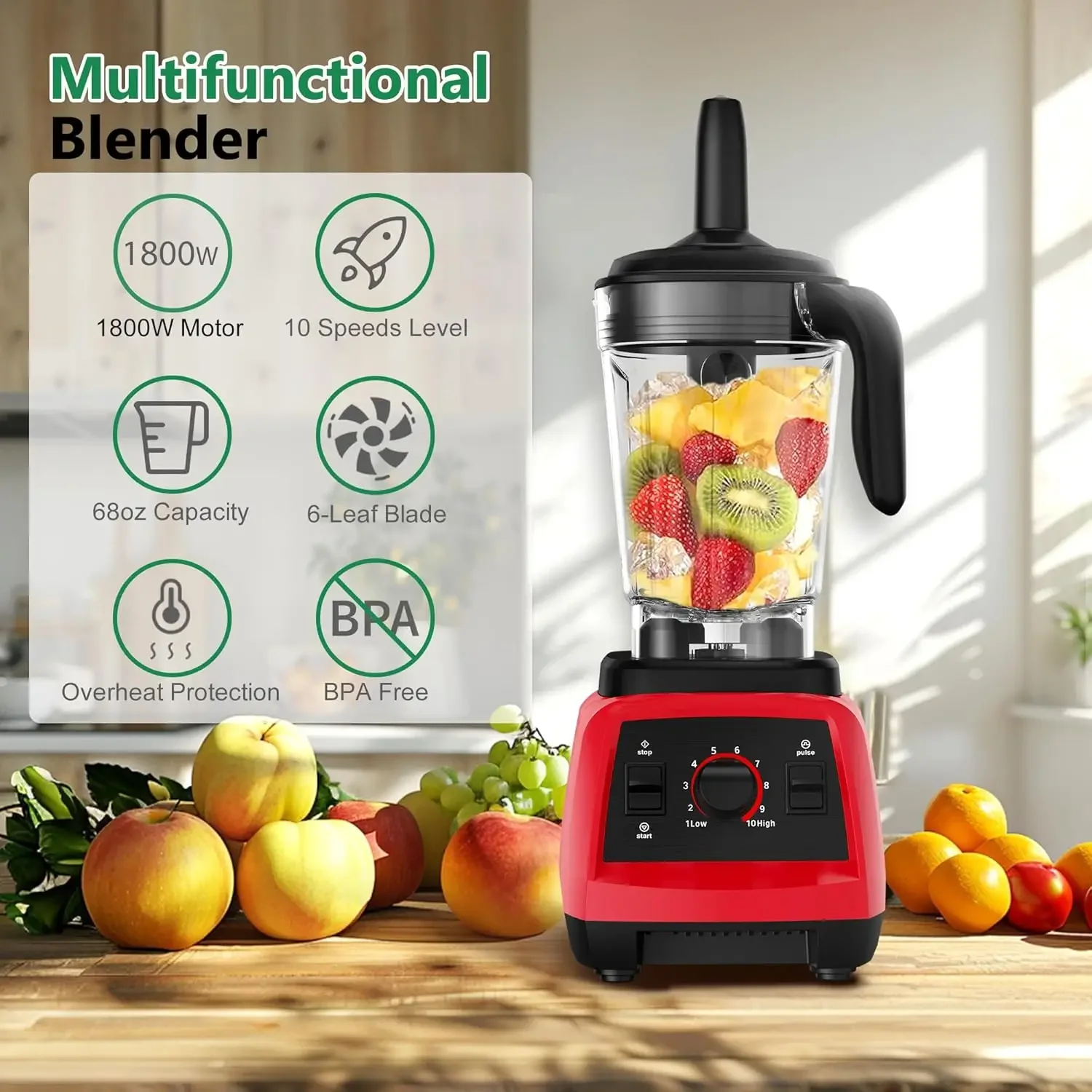 Licuadora, licuadora profesional de 1800 W para cocina con 10 velocidades, potente licuadora trituradora de hielo sin BPA de 68 oz para J