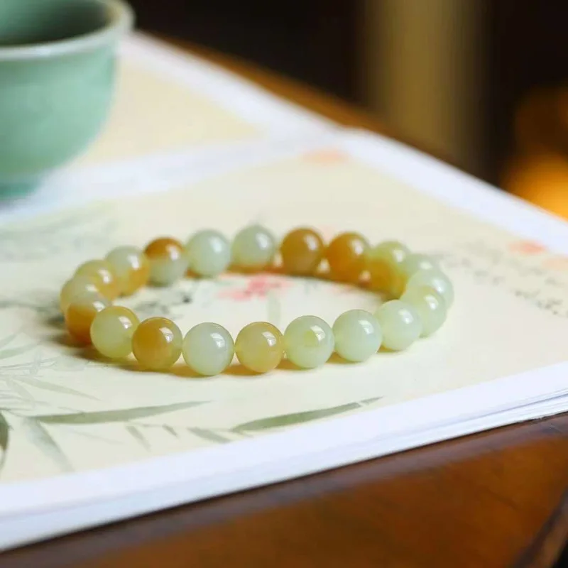 Natural Hetian Jewelry Supply Chain Qie Mo Old Material Qiao Color Beads Round Jade Smooth Brac