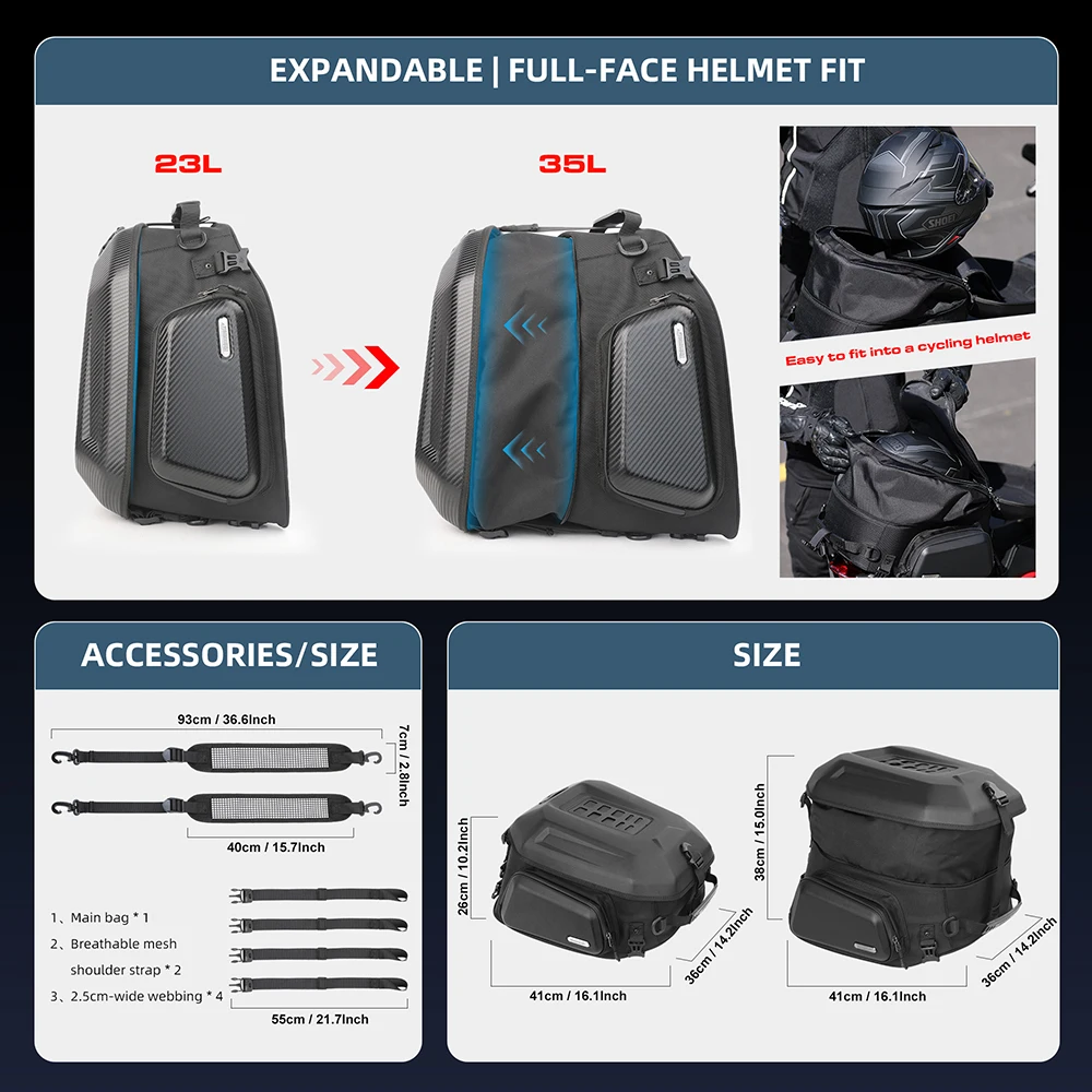 Rhinowalk Motorcycle Tail Bag Waterproof 23L-35L Hard Shell Rear Seat Saddle Box Travel Luggage Backpack For BMW Accessories