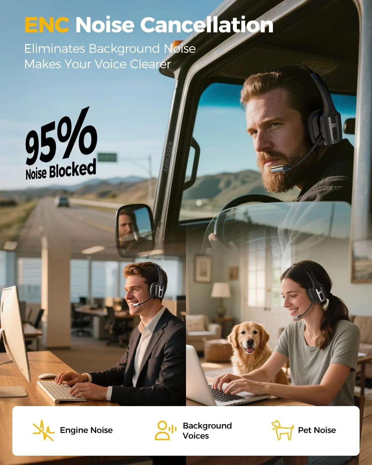 سماعة رأس بخاصية البلوتوث لسائقي الشاحنات، سماعات رأس لاسلكية مع ميكروفون لإلغاء الضوضاء لاجتماعات العمل والمكالمات والكمبيوتر المحمول والهاتف