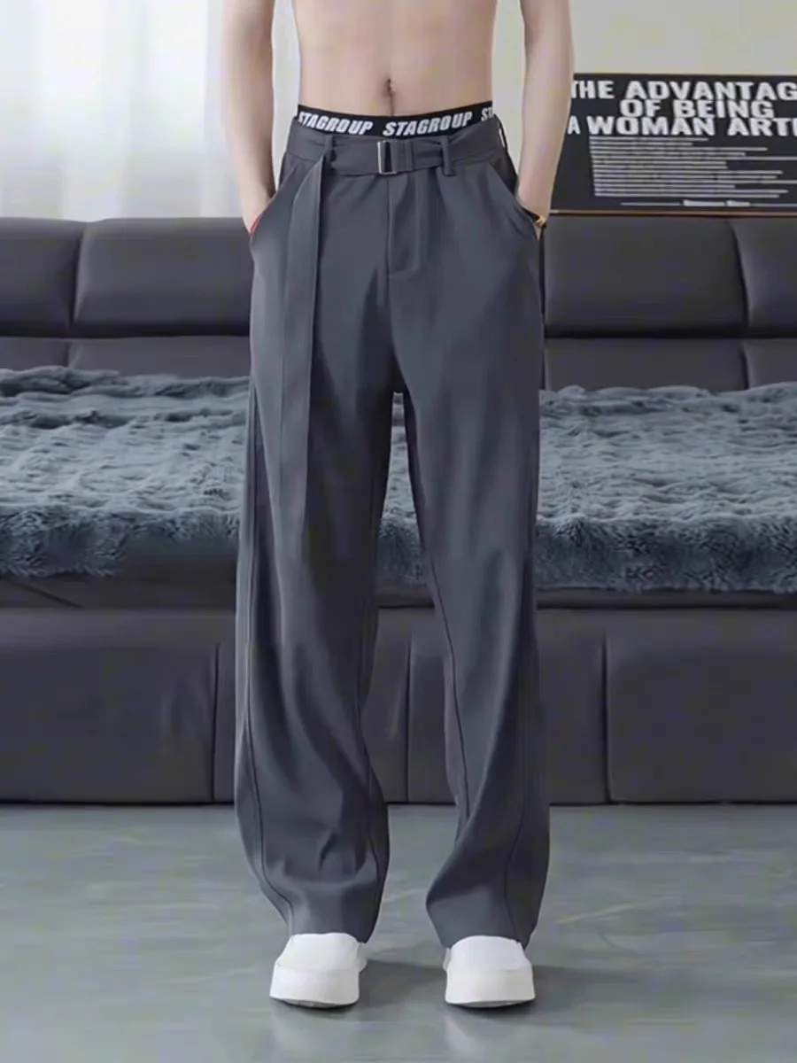 

Серые мужские повседневные брюки с широкими штанинами, весенние, струящиеся, премиум-класса, свободного прямого кроя, модные, прямые брюки-трубы