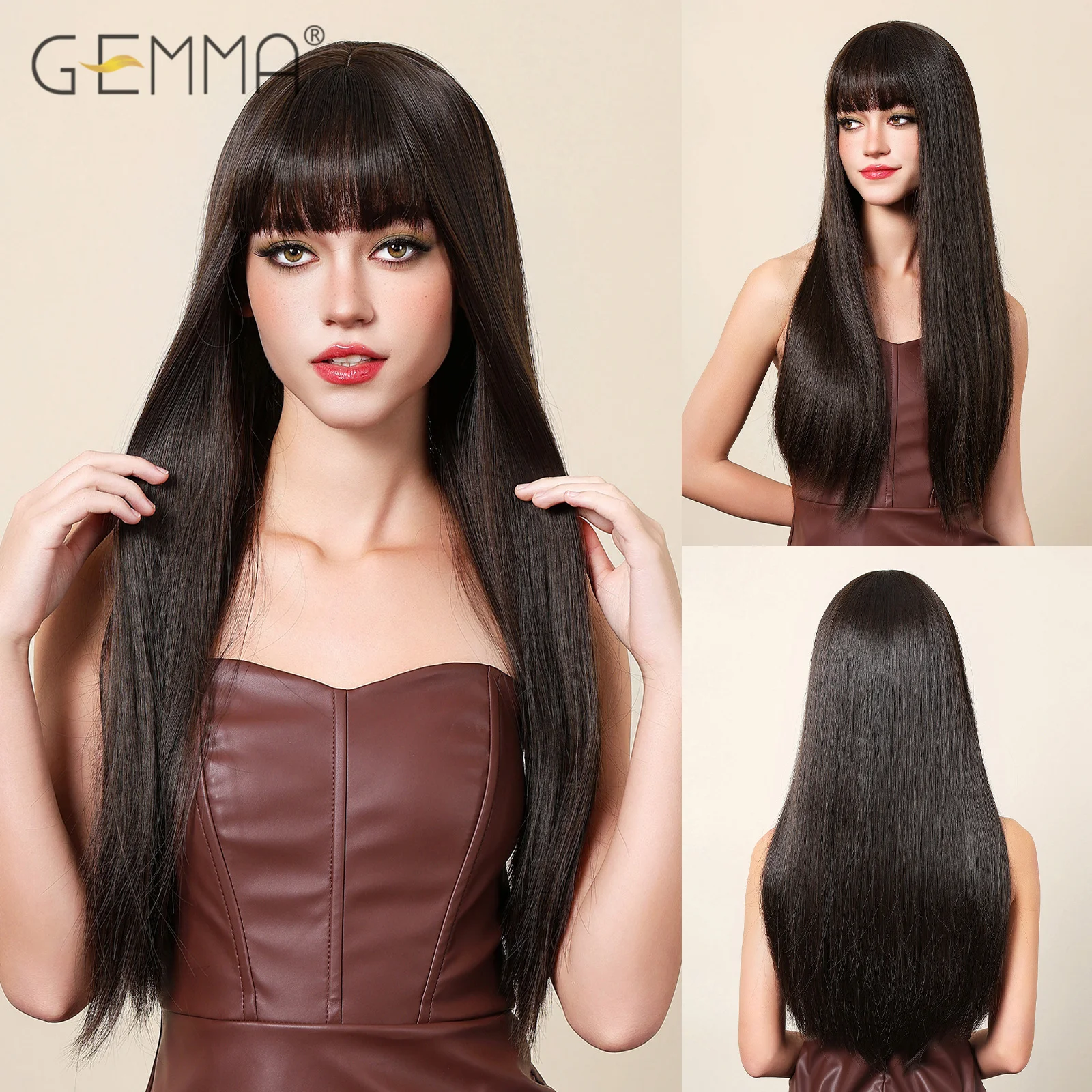 

Straight Synthetic Dark Brown Wig with Bangs Long Cosplay Wigs for Women Party Daily Lolita Brown Natural Hair Heat Resistant