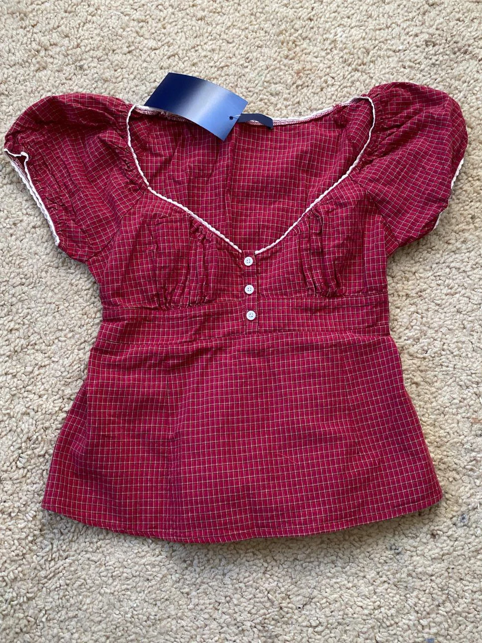 Red Plaid Short Sleeve T-shirt Women Summer Three Buttons Lace-up Puff Sleeve Tee Shirts Sweet Chic Vintage Tops Tees Y2k New
