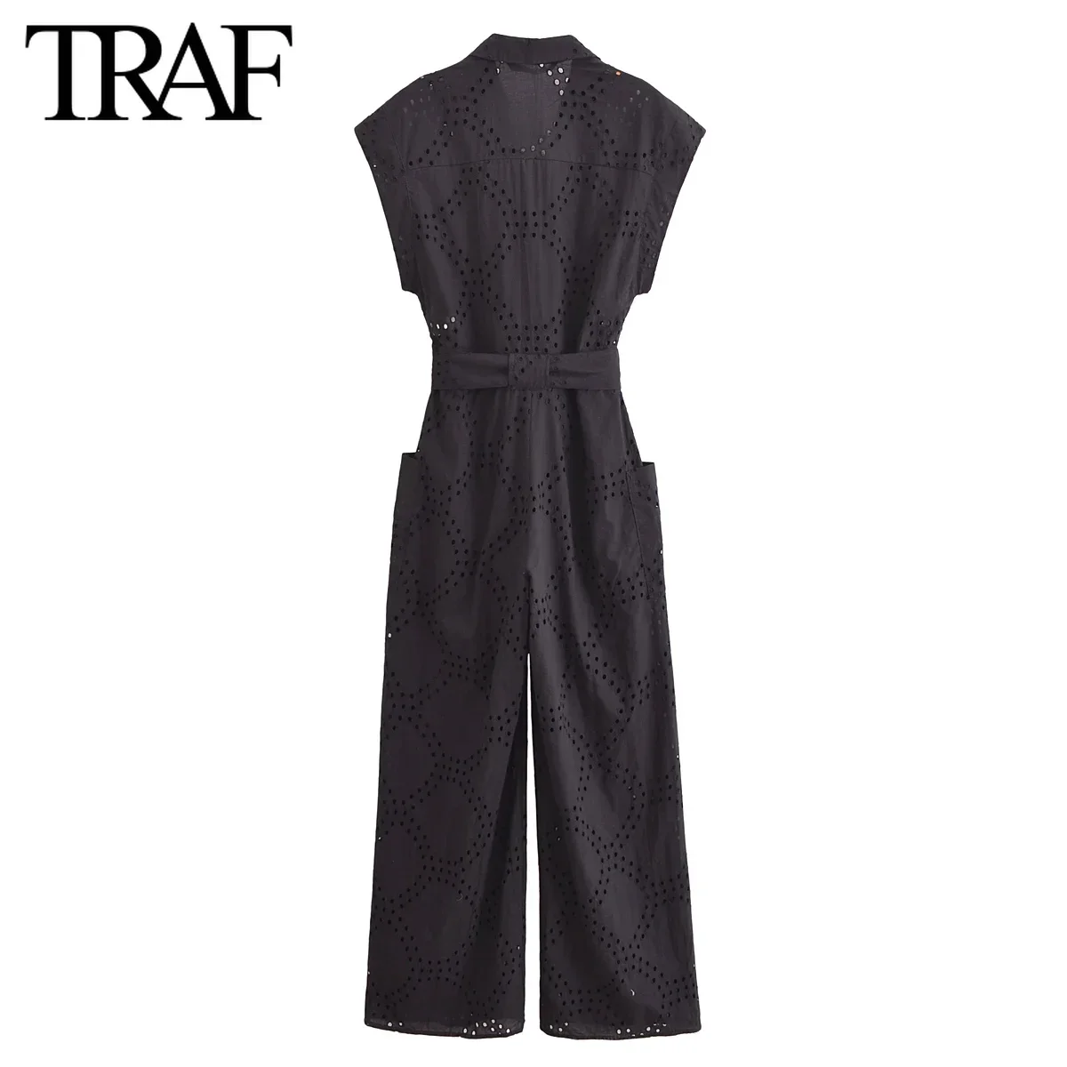 TRAF Fashion Clothing Summer New Hollow Embroidery Bow Belt Pocket Jumpsuit Rompers Chic Sexy Bodysuit Women Moda Feminina