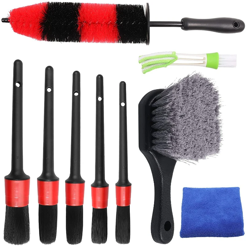 9-Piece Car Cleaning Tools Long Handle Wheel Brush Interior Detail Dusting Air Vent Louver Brush Car Wash Rag