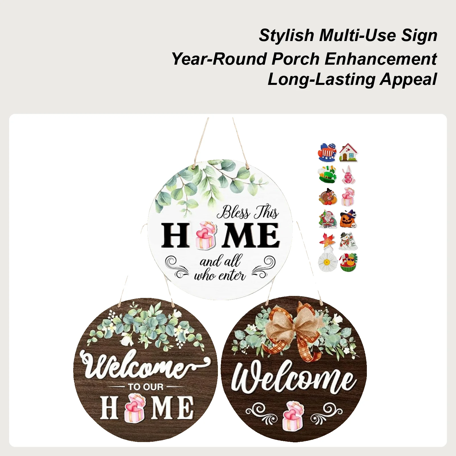 Interchangeable Welcome Sign Door Decoration Pendant 12 Inch Round Wooden Welcome Sign Flower Wreath For Front Porch