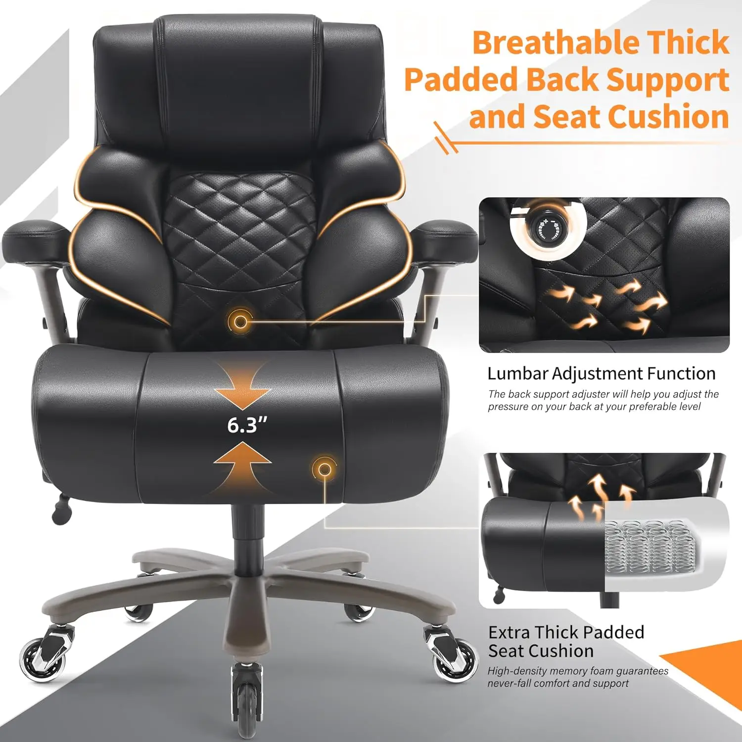 Silla de oficina grande y alta, capacidad de 700 libras, lumbar ajustable, brazos 3D, base de metal resistente