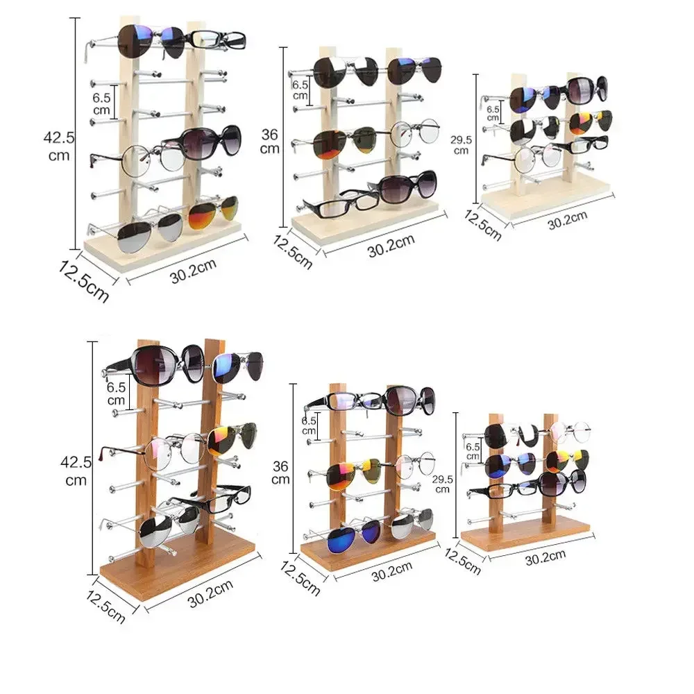 رف عرض خشبي مزدوج الصف للنظارات الشمسية ، ودعم للعرض