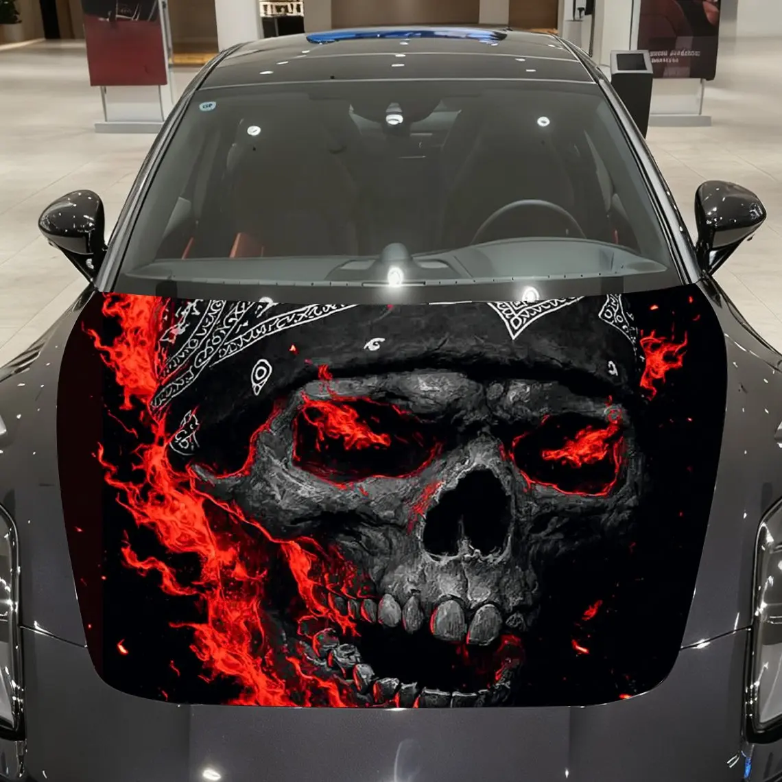 Headscarf Flame Skull Pattern Car Hood Stickers, Decorative Car Wrap, Bold Designs, Halloween Decorations, Car Parts Accessories