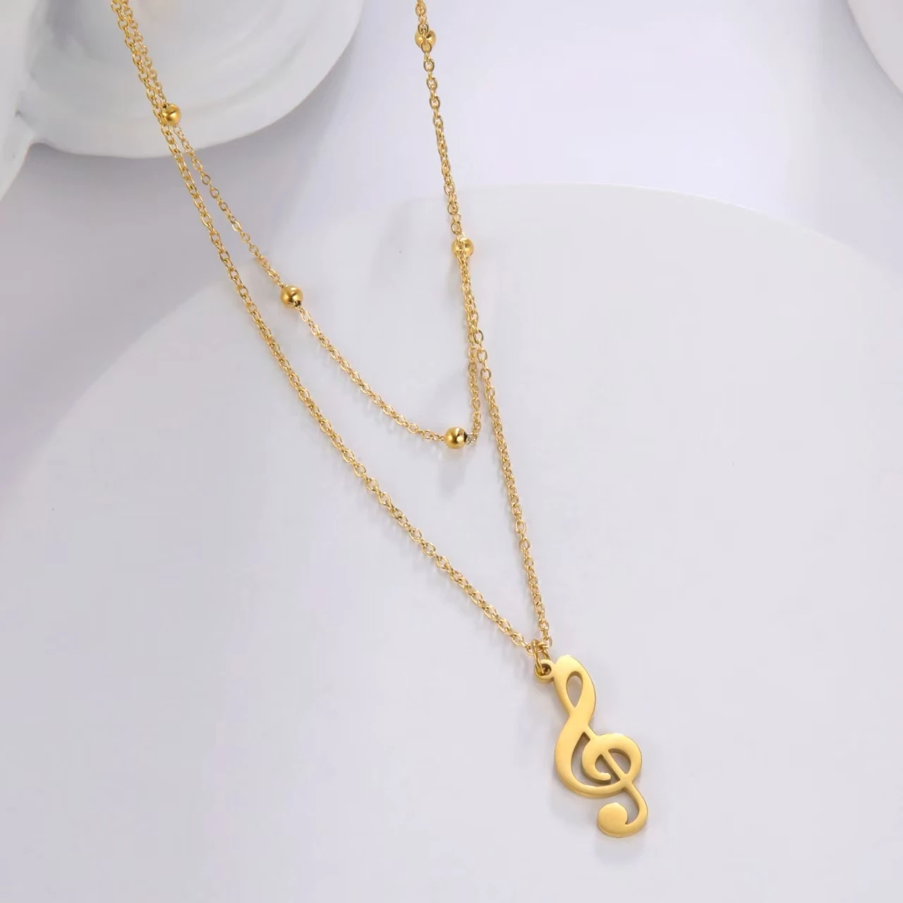 

Stainless Steel Music Note Pendant Necklace Women's Double-Layer Bead Chain Music Enthusiast Hip-Hop Punk Jewelry Gift