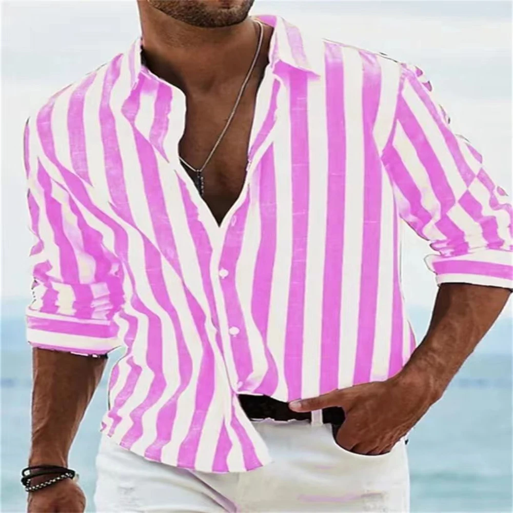 Men\'s ShirtsCasualVacationShoppingOfficeOfficeStreetwearLapel Striped Long Sleeve Shirt XS-6XL