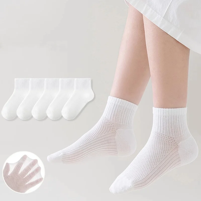 5Pairs/lot White Children's Socks Summer Thin Mesh Student Sport Sock Soft Kids Running Midtube Socks For Boys Girls 2-12Years