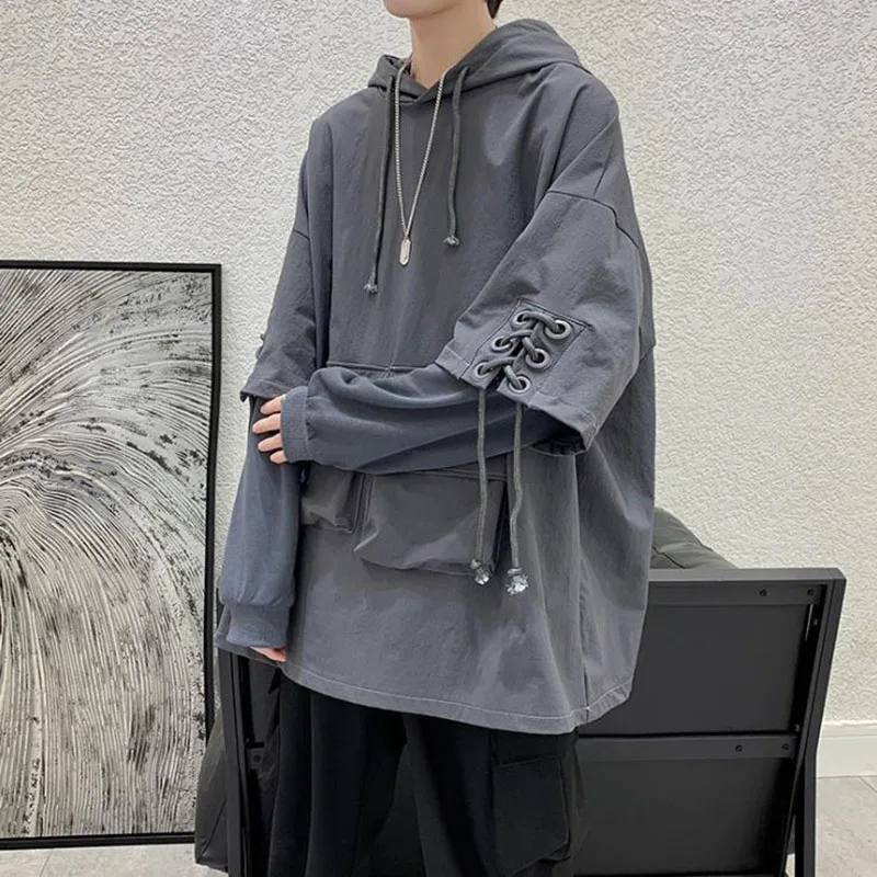 2023 Spring Men Streetwear Pocket Cargo Hooded Hoodies Mens Korean Harajuku Stitched Sleeves Sweatshirts Male Hip Hop Clothing