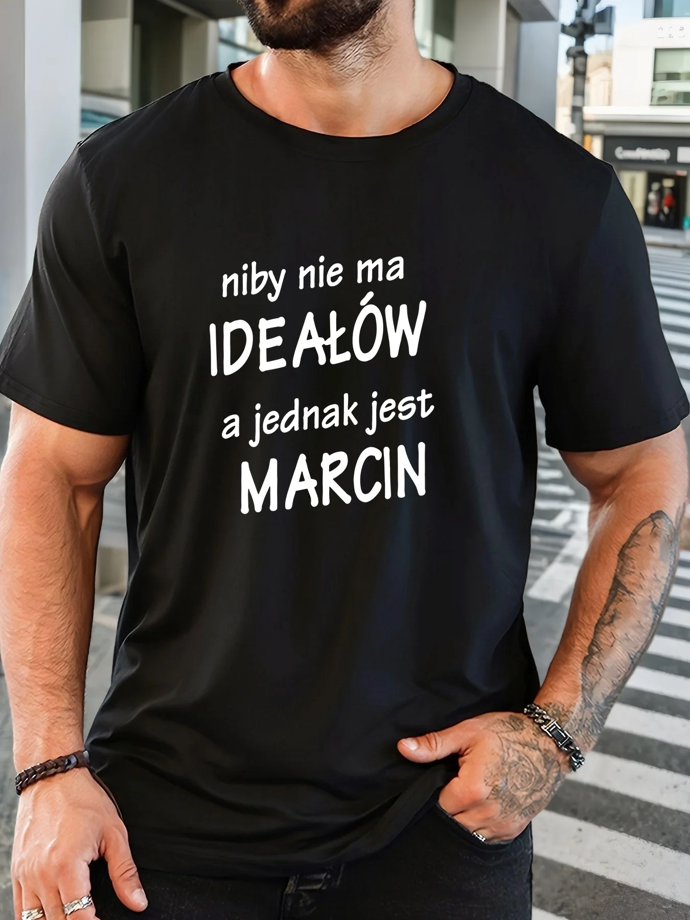 Men'S Humorous Polish Quote T-Shirt - Although There Are No Ideals, Here Is Marcin - Black with White Lettering, Casual Crew Neck Short Sleeve Summer Shirt for Everyday Wear  Gifts with Polish Humor, Solid Color Regular Fit Adult Men'S Fashion Tee