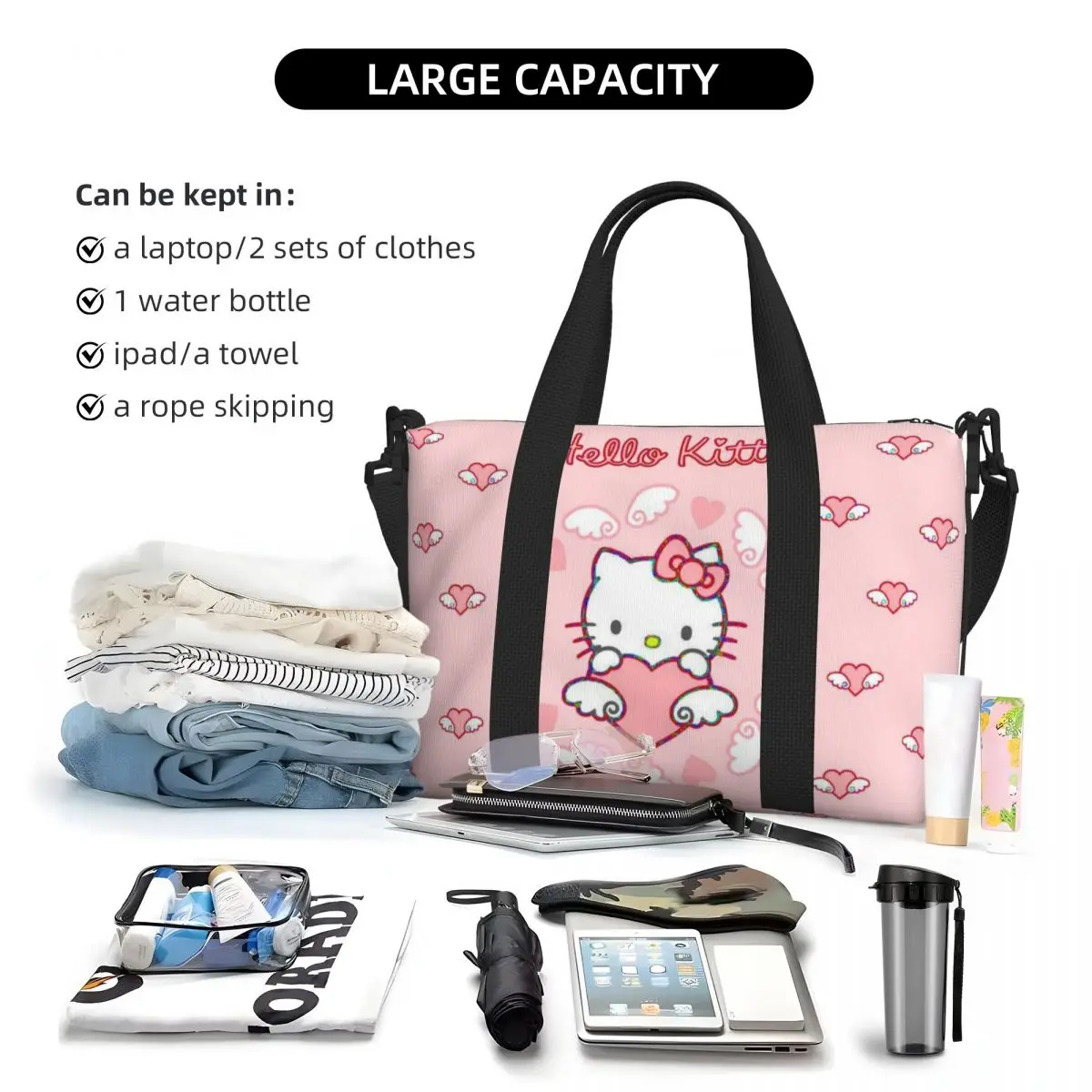 Custom Hello Kitty Cartoon Tote Bag Women Large Capacity Kitty White Gym Beach Shoulder Travel Bag