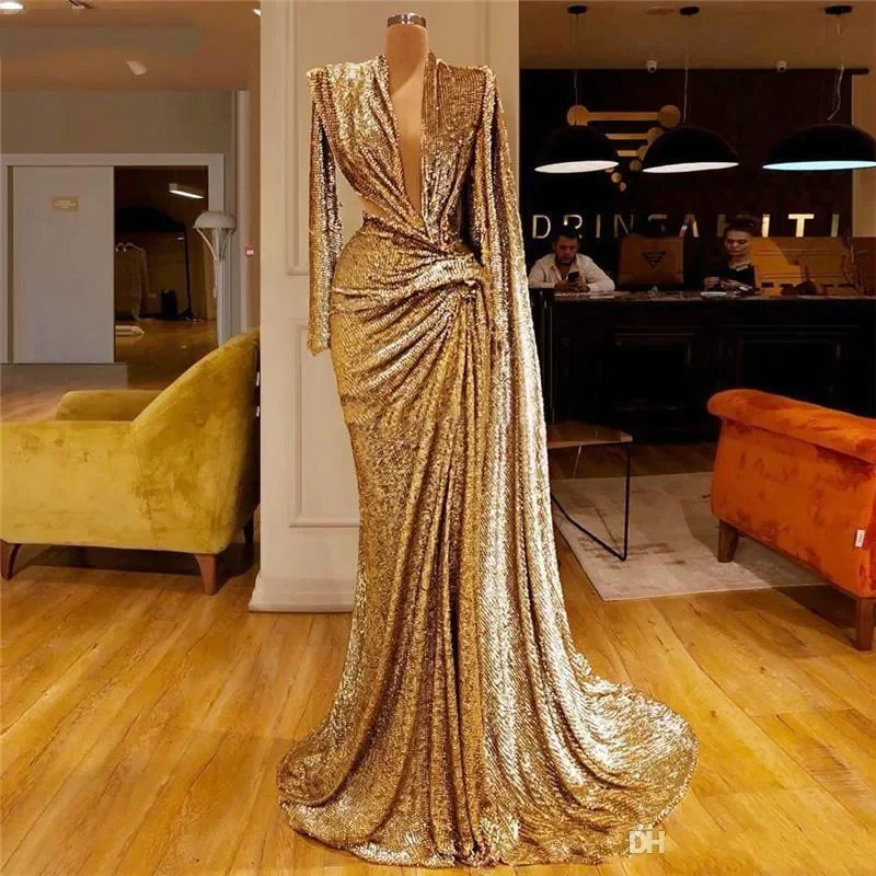 

Glitter Gold Sexy Mermaid With Wrap V Neck Long Sleeve Sequined Ruched Formal Party Made Prom Custom Dresses вечернее платье