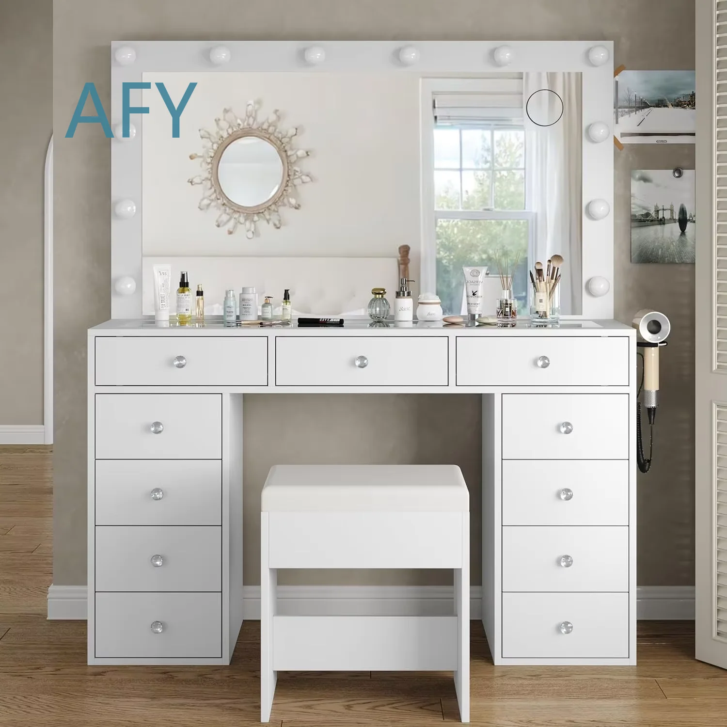 Glass Vanity Desk with LED Lights for Bedroom Living Room Minimalist Dressing Table Bucket Cabinet Bedside Storage Luxury
