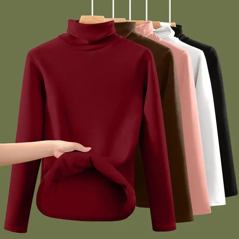 Kaos Wanita Musim Gugur Musim Dingin Tebal Hangat Lengan Panjang Kerah Setengah Tinggi Pakaian Dalam Termal Pakaian Wanita Termal