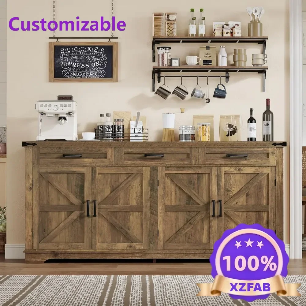 Factory Direct 2026 63 Inch Large Buffet, Cabinet Four Doors Three, Drawers Farmhouse Sideboard, Storage Coffee Bar Wine