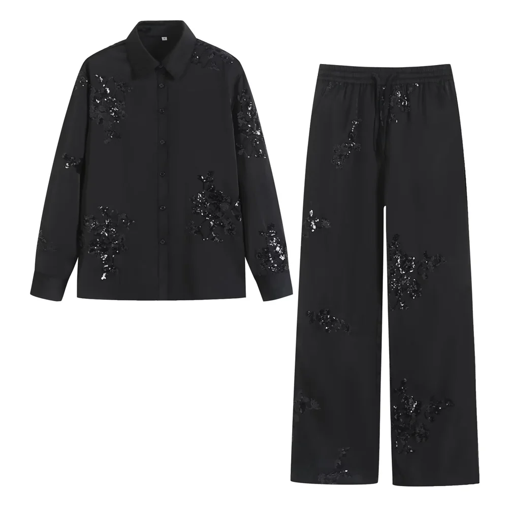 2024 Autumn New Women\'s Wear Casual Sequins Heavy Industry Embroidered Lapel Long sleeved Shirt High Waist Satin Pants Set