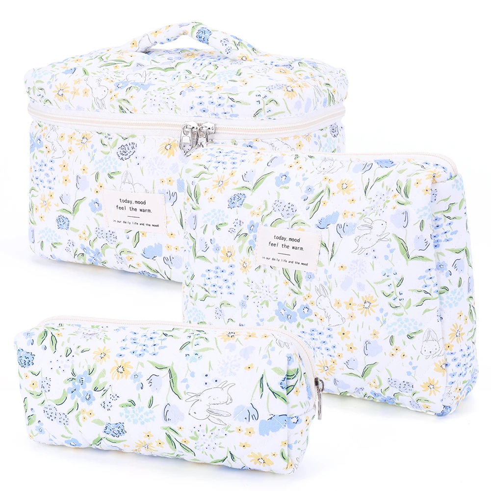 3Pcs Quilted Makeup Bag Large Capacity Portable Cosmetic Pouch Flower Pattern Skincare Clutch Bag Aesthetic Storage Bag Wash Bag