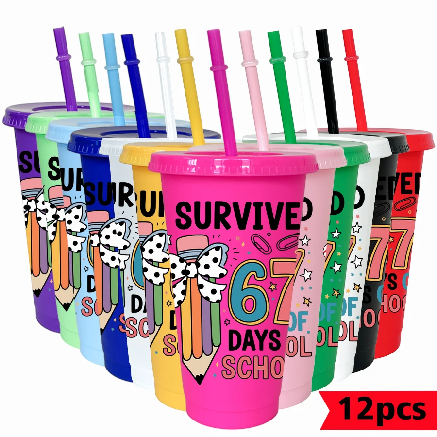 

12Pcs/lot 67 Series Pencils Bows 26oz Colorful Plastic Tumbler Birthday Party Drinkware Homecoming Water Cup