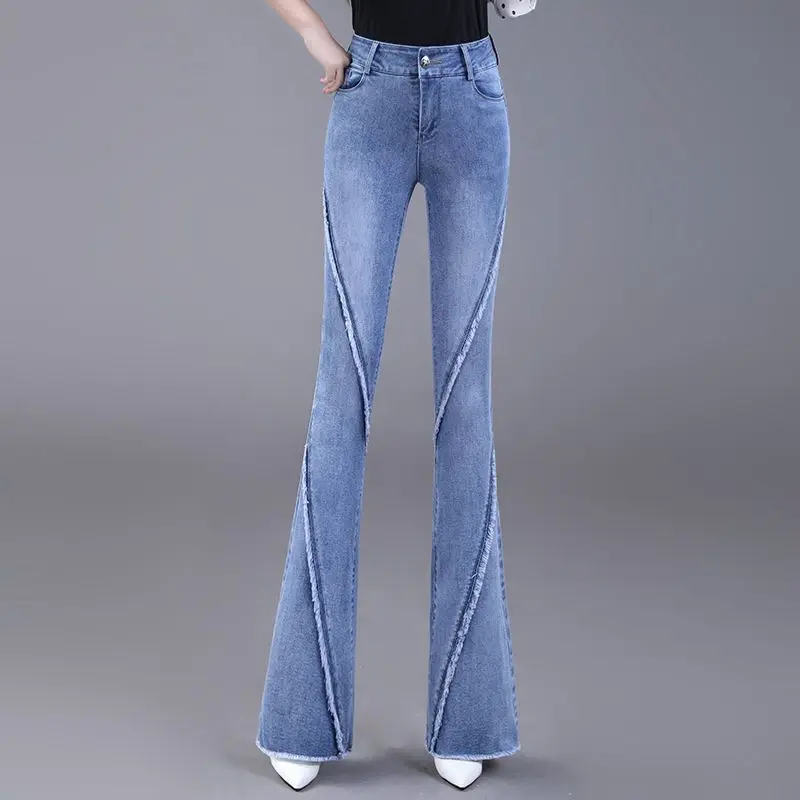 Streetwear Fashion Women Rough Edge Flare Jeans Spring Autumn New High Waist Versatile Office Lady Casual Washed Denim Trousers