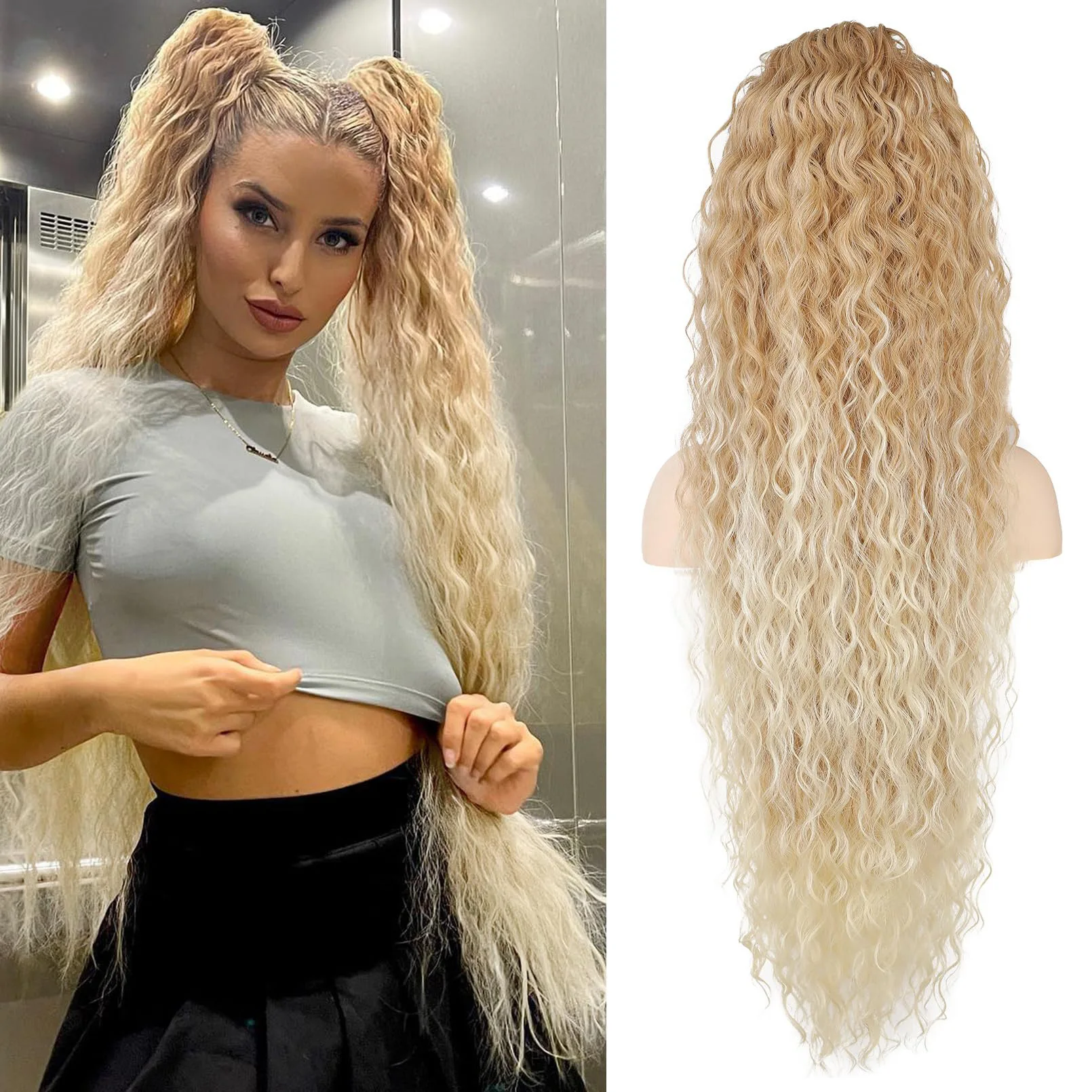 

Synthetic 36 inch Drawstring Long Ponytail Extension Realistic Curly Fake Tail Multi Layered Soft Clip in Hairpiece