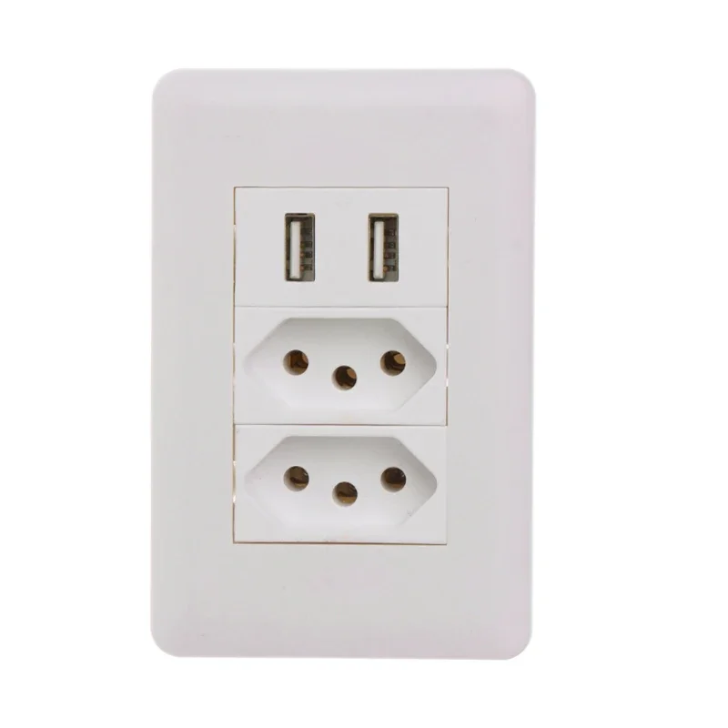Enchufe brasileño de pared, 15A, estándar brasileño, doble enchufe, 5V, 2100mA, puerto de cargador USB Dual, 115mm x 75mm, CA 110 ~ 250V