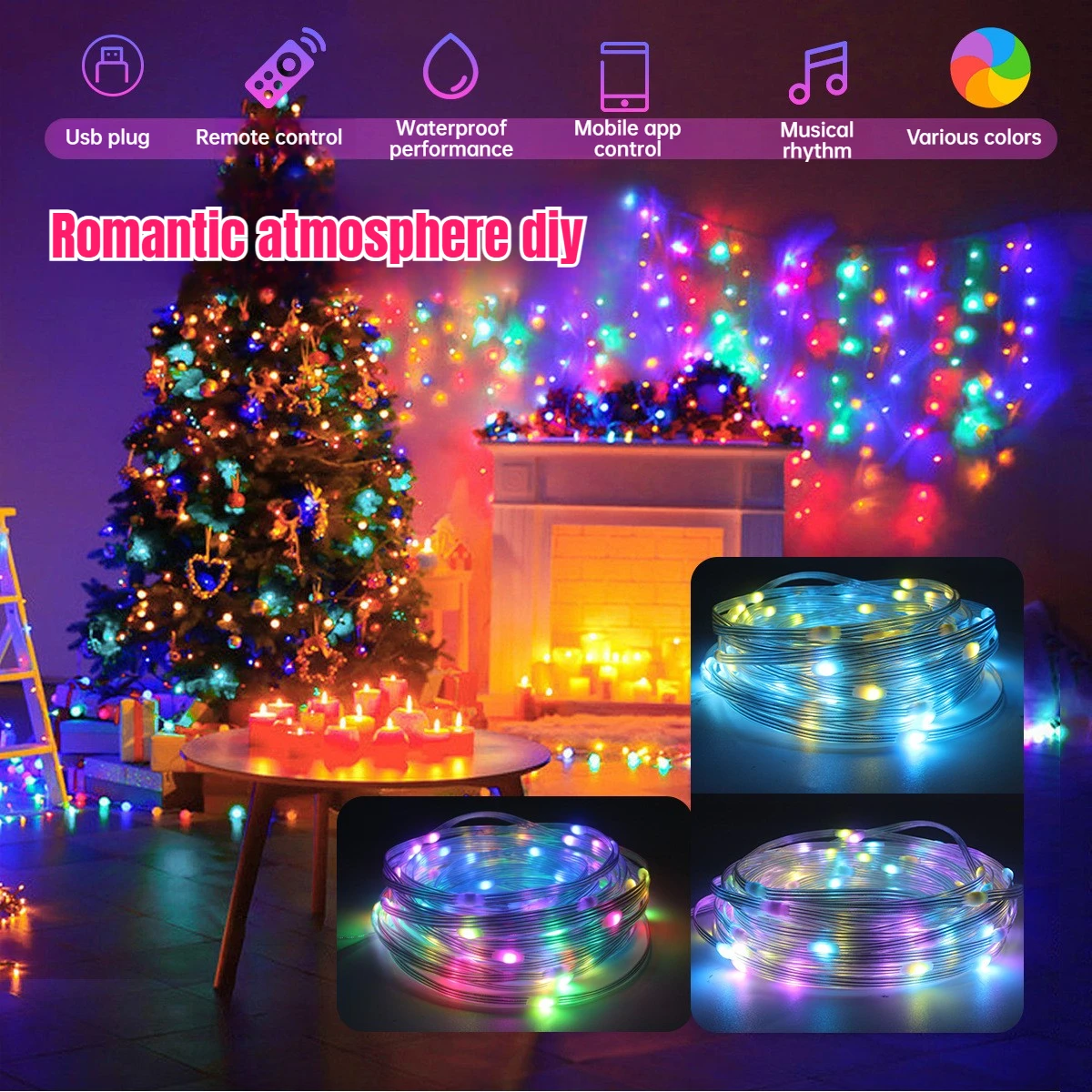 USB Christmas Ambient Light LED Fairy Curtain String Lamp APP Control for Birthday Party Garland Xmas Tree Bedroom Holiday Decor